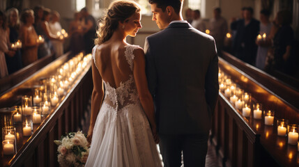 Wall Mural - Wedding Couple in Love Back View walking down Aisle Church. Newly Wedded Bride Groom in Window Door Light. Wedding Day Ceremony.