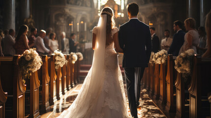 Wall Mural - Wedding Couple in Love Back View walking down Aisle Church. Newly Wedded Bride Groom in Window Door Light. Wedding Day Ceremony.