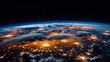 Panoramic view on planet Earth globe from space. Glowing city lights, light clouds. Generative AI 