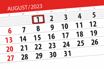 Calendar 2023, deadline, day, month, page, organizer, date, August, tuesday, number 1