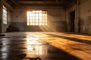 Wall Mural - An empty, dark, high-ceilinged workshop with a water