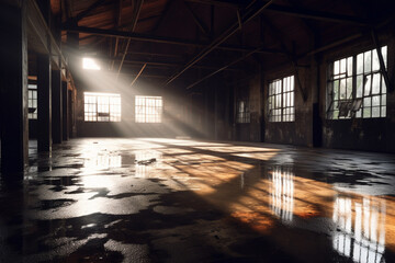 Wall Mural - An empty, dark, high-ceilinged workshop with a water