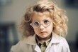 © Postproduction - Girl wearing glasses attentively listening to the teacher during a science lesson