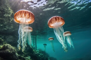 Wall Mural - In turquoise waters delicate jellyfish ballet takes place