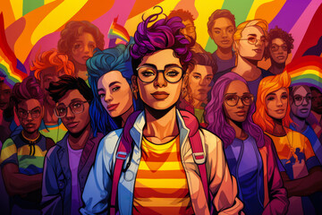 Wall Mural - Artwork illustration, vector, banner or background depicting the lesbian community with diverse people. Generative AI.