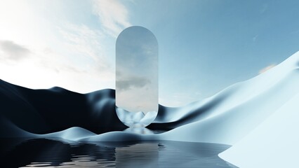 Fantasy world, futuristic fantasy image. 3d render of surreal landscape with  water and colorful sand. Podium, display on the background of abstract glass, mirror shapes and objects. 