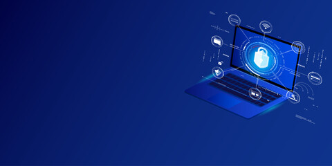 Fototapete - Cyber security digital technology concept. System privacy with padlock, network shield, password, wifi icon connection platform vector. 