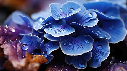  a close up of a blue flower with water droplets on it.  generative ai