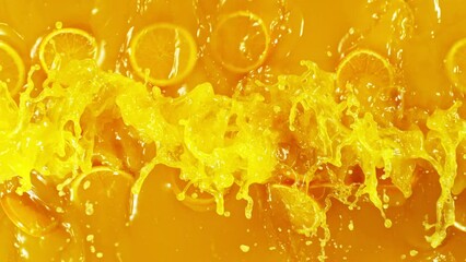 Fototapete - Super Slow Motion of Splashing Orange Juice. Filmed on High Speed Cinema Camera, 1000 fps. Abstract Liquid Background with Falling Orange Slices.