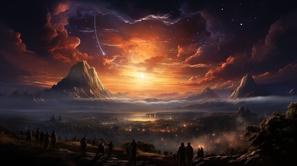 Wall Mural - a painting of a sunset with a mountain in the background. generative ai