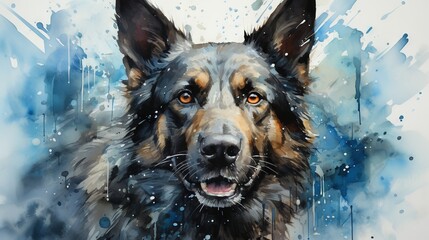 Wall Mural -  a painting of a german shepherd dog with blue watercolors.  generative ai