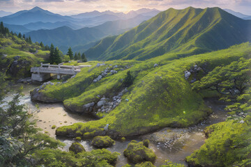 River at twilight. Generative AI.