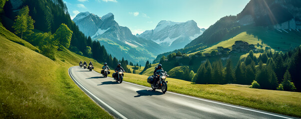 Wall Mural - Motorcyclists ride on a winding road against the backdrop of mountains