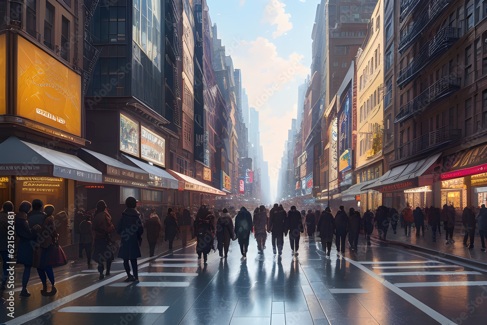 Illustration of a busy new york city street with crowds of people ...