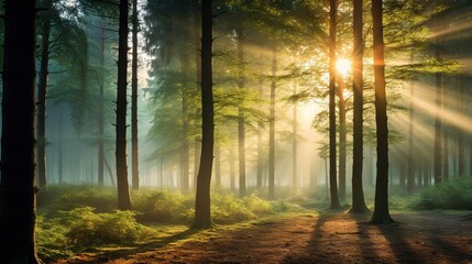 Canvas Print -  the sun shines through the trees in a forest filled with tall trees.  generative ai