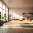 © hakule - Yoga gym interior with equipment, daylight and wooden flooring. created with generative AI technology.