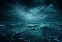 Horror Black Blue Sky, Sea Haunted Cloud, Scary Ocean, Depression Background, Mystery Gloomy Dark Theme, Blur Texture, Generative Ai