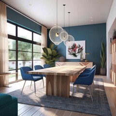 Wall Mural - Interior design of modern dining room, wooden table and blue chairs. Generative AI