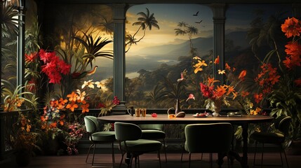 Sticker -  a dining room with a painting of a tropical scene on the wall.  generative ai