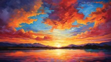  A Painting Of A Sunset Over A Lake With Mountains In The Background.  Generative Ai