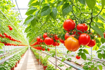 Ripe tomato plant growing in greenhouse. Generative ai.