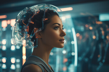 Poster - woman in futuristic headgear examining herself while gazing at a glowing light show. potential that future technologies may provide in the field of cosmetics and self-exploration