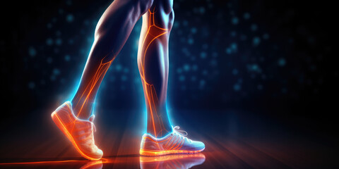 Concept of calf pain, runner's legs with a highlighted area indicating pain. Common injury in sports and fitness activities, emphasizing the need for proper training and recovery