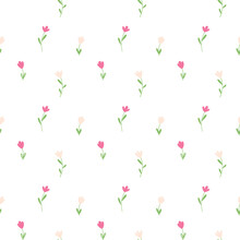 Hand Drawn Simple Floral Seamless Pattern. Pastel Colors Tulips On A Transparent Background. Delicate Infantile Naive Style