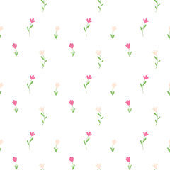 Hand drawn simple floral seamless pattern. Pastel colors tulips on a transparent background. Delicate infantile naive style