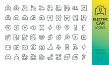 Electric Car Icons Set. Set Of Electric Vehicle Charging Station, EV Plug, Electric Truck, Bus, Motorcycle, WLTP And NEDC EV Range, Energy Recovery, Smart E Car, Autopilot, Eco Transport Vector Icon.