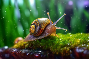 Wall Mural - Snail on green moss with bokeh background, close up