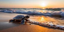 A Small Newly Born Turtle Crawls Towards The Sea