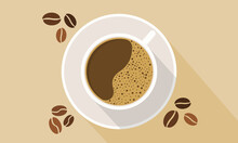 Cup Coffee With Beans Top View With Shadow. Coffee With Foam. Vector Illustration.