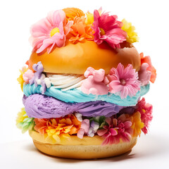 Canvas Print - Sweet burger with ice cream and eatable flowers on a white background
