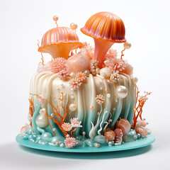 Poster - Beautiful cake decorated with mushrooms on a white background.
