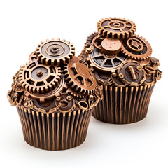 Sticker - Chocolate cupcakes with gear decoration isolated on white background
