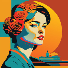 Portrait of a young pretty woman in retro futurism style. Vector illustration in neon bright colors.