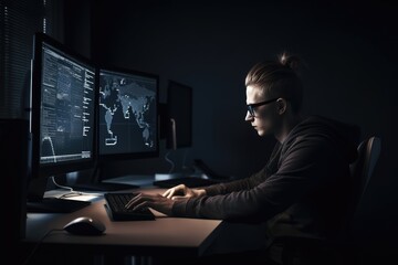 Programmer working at their computer, surrounded by monitors displaying code. Generative AI