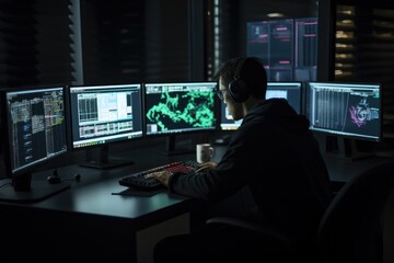 Programmer working at their computer, surrounded by monitors displaying code. Generative AI