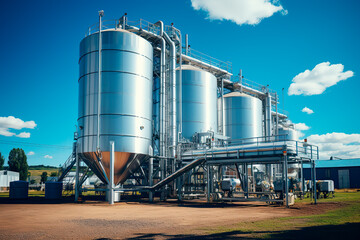 Agricultural silo at feed mill factory. Big tank for store grain in feed manufacturing. Seed stock tower for animal feed production. Commercial feed for livestock, swine and fish industries.