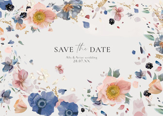 Wall Mural - Wedding save the date card, invite. Pastel floral watercolor flowers. Editable vector illustration. Dusty blue, pink anemone, white hydrangea petals, blackberries, golden glitter bouquet wreath, frame