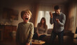 © annebel146 - Angry screaming child with desperate parents.Stressed exhausted mother and father feeling desperate about screaming stubborn kid tantrum, upset annoyed parents tired of naughty difficult