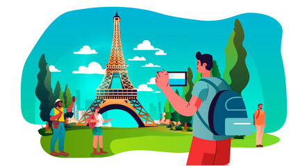 Wall Mural - tourists taking photo in front of landmarks in travel journey on holidays vacation people in summer tour concept