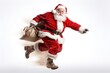Christmas Day, Santa Claus with a huge bag on the run to delivery christmas gifts isolated on white background . Generate Ai
