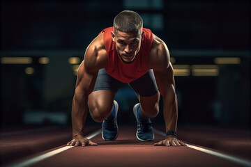 the athlete crouched and preparing for the starting race