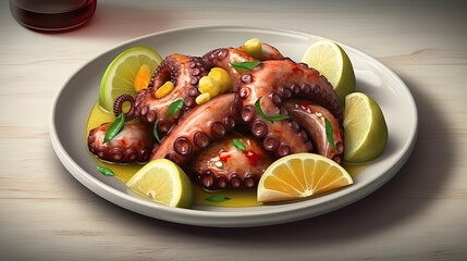Wall Mural - octopus with potato and salad on dish. Generative Ai