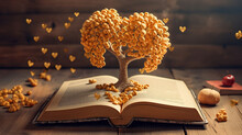 Golden Tree With Heart Shaped Fruits Growing From The Old Book . Generative Ai