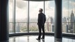 © ALA - A middle-aged businessman in an office stands and looks out a large floor-to-ceiling window. AI generated.