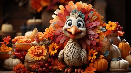 Happy thanksgiving day with a turkey and fall decoration. Generative AI