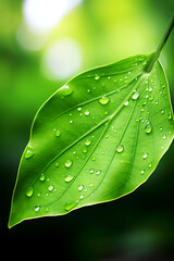 Fresh green leaf with water drop, relaxation nature concept, greenish background